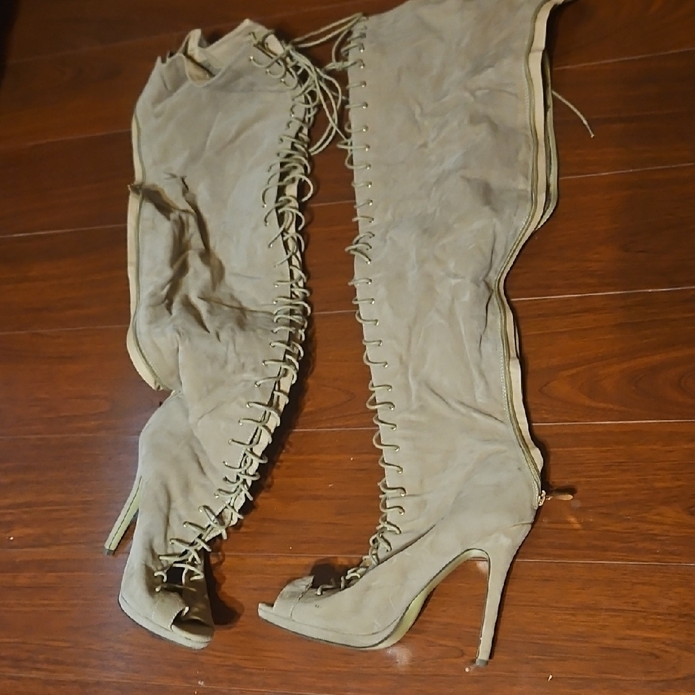 Miss Lola Beige Over-the-Knee Lace-Up Boots
